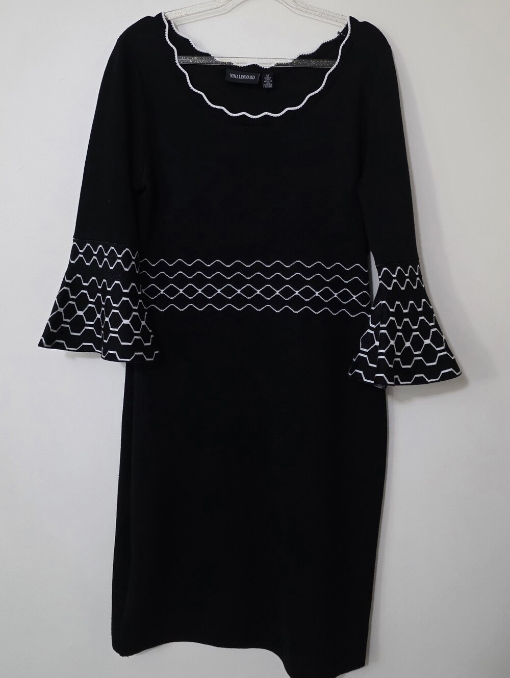 Nina Leonard Black Geometric Sweater Dress Modern Goth Witchy Office Sz Medium
